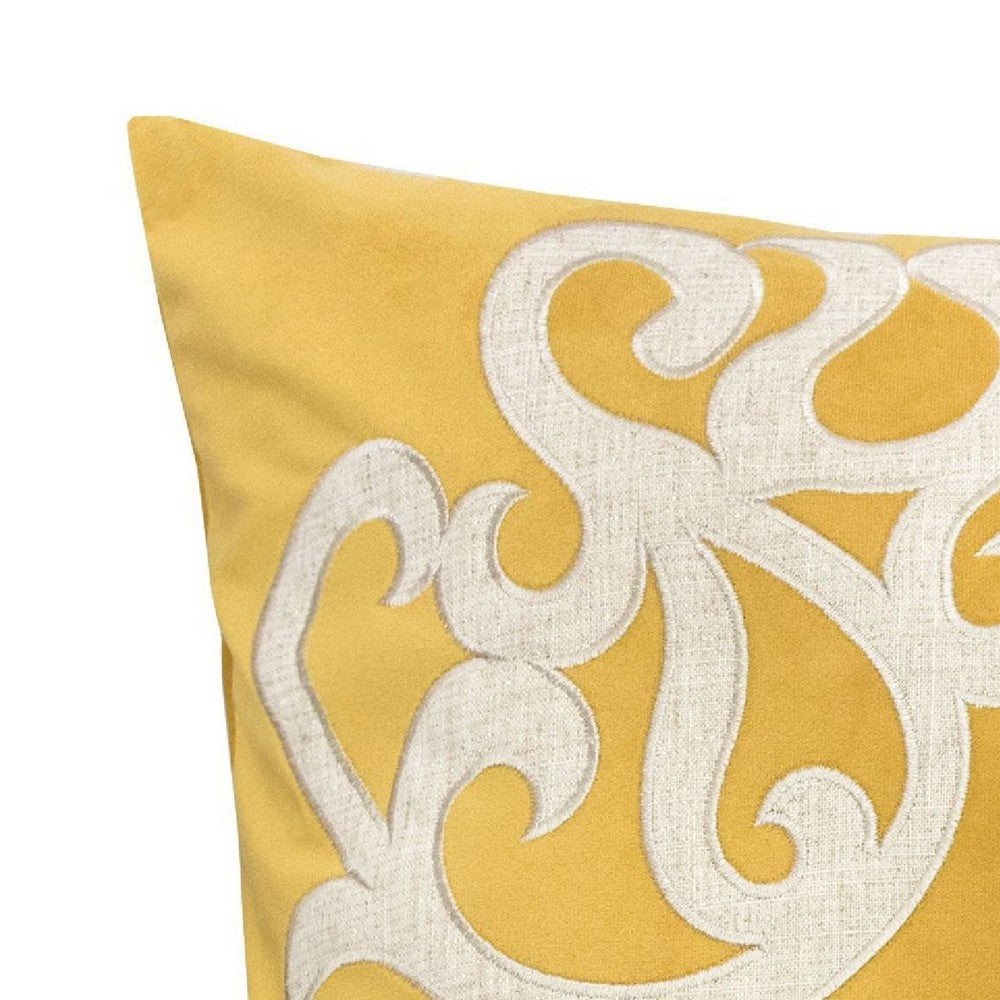 Benjara Dery 20x20 Square Throw Pillow Cover, 2 Sided Yellow Cover Velvet Vintage