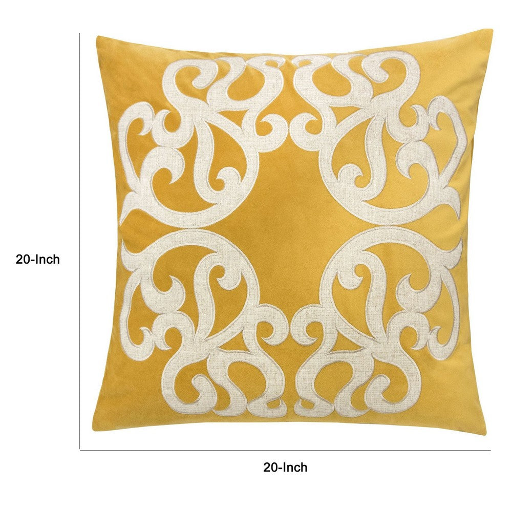 Benjara Dery 20x20 Square Throw Pillow Cover, 2 Sided Yellow Cover Velvet Vintage