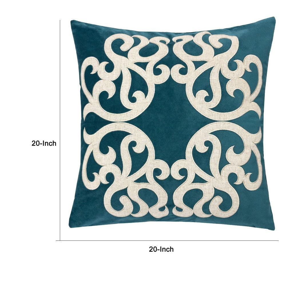 Benjara Dery 20x20 Square Throw Pillow Cover, Double Sided Green Velvet Vintage