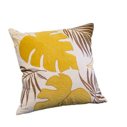 Benjara Lefy Accent Pillow Cover, Yellow Cover And White Leaf Vibes, 20 Inch Square