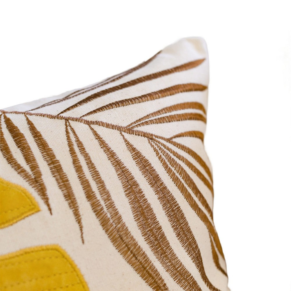 Benjara Lefy Accent Pillow Cover, Yellow Cover And White Leaf Vibes, 20 Inch Square