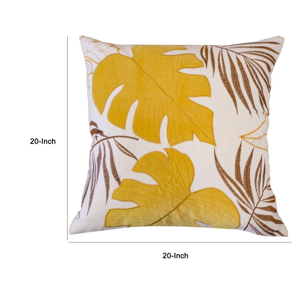 Benjara Lefy Accent Pillow Cover, Yellow Cover And White Leaf Vibes, 20 Inch Square