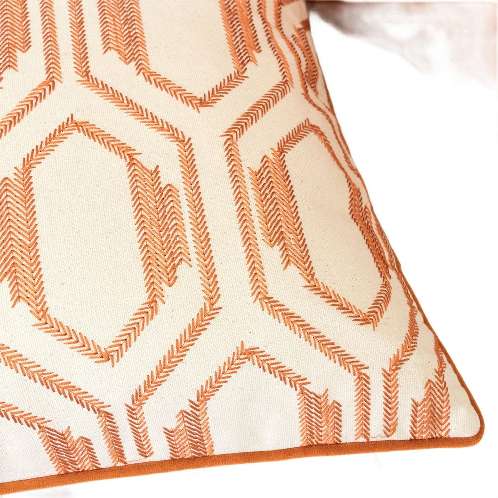 Benjara Throw Pillow Cover, Rust Orange Herringbone Embroidery 20 Inch Square