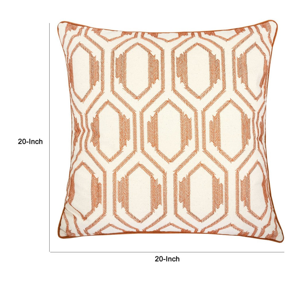 Benjara Throw Pillow Cover, Rust Orange Herringbone Embroidery 20 Inch Square