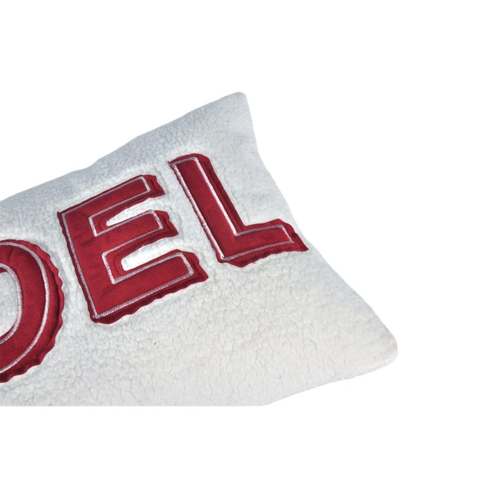 Benjara Holiday Throw Pillow Cover, NOEL Red And White Sherpa Textured, 14x20 Lumbar