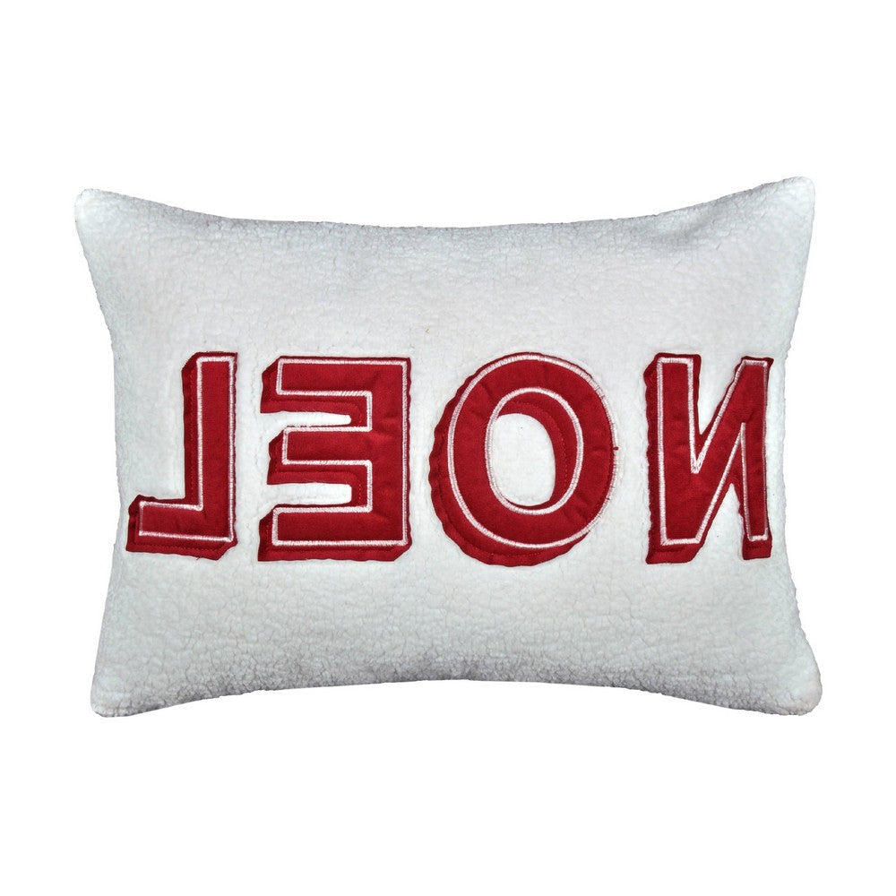 Benjara Holiday Throw Pillow Cover, NOEL Red And White Sherpa Textured, 14x20 Lumbar