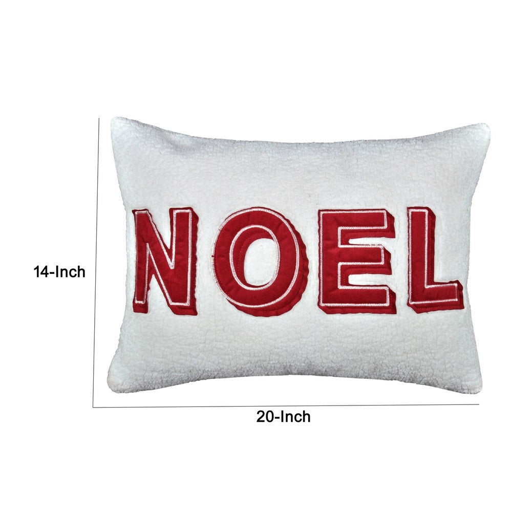 Benjara Holiday Throw Pillow Cover, NOEL Red And White Sherpa Textured, 14x20 Lumbar
