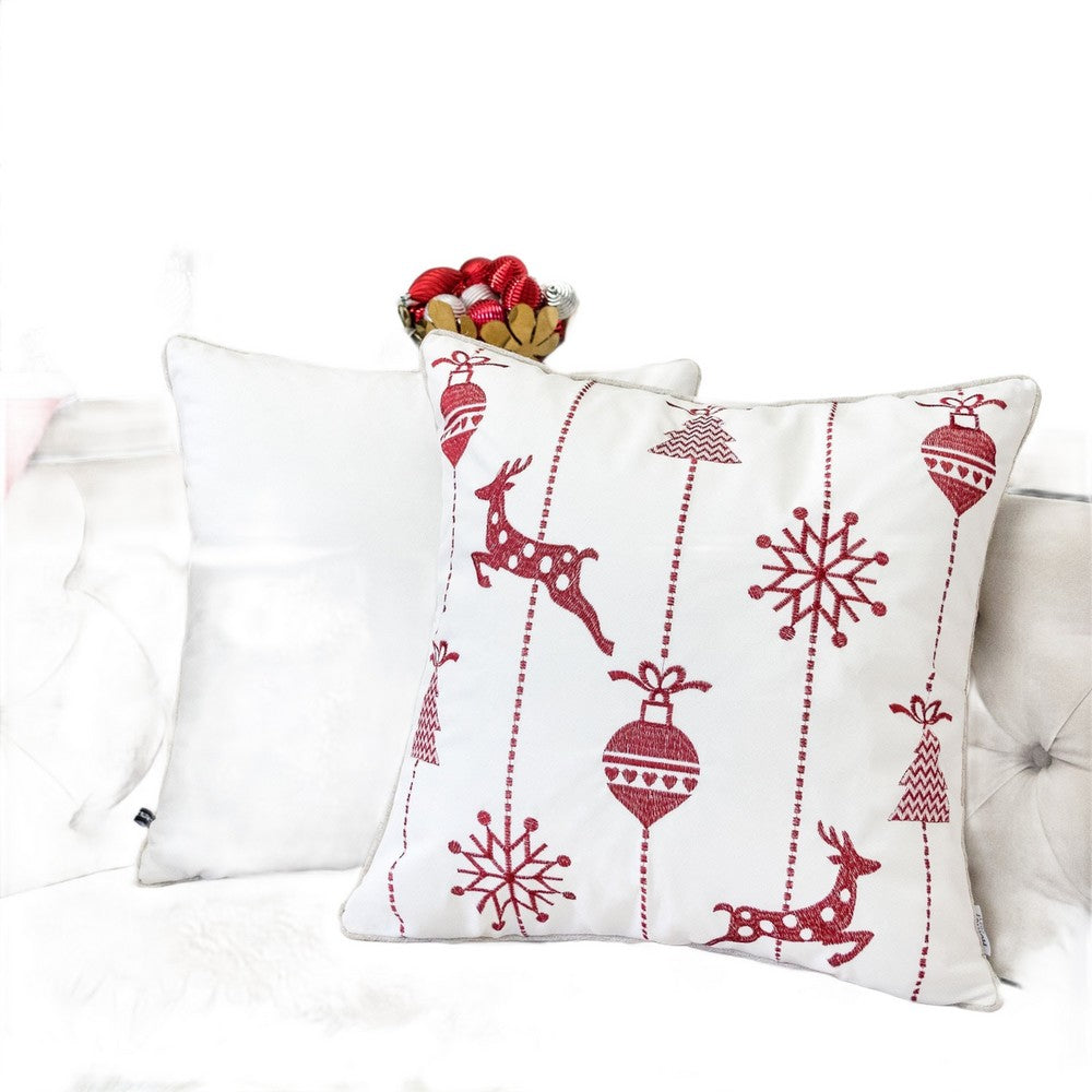 Benjara Throw Pillow Cover, Red Embroidered Reindeer And Snowflakes, 20 Inch Square