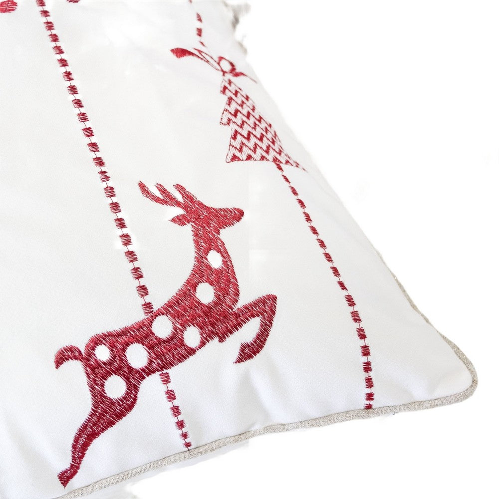 Benjara Throw Pillow Cover, Red Embroidered Reindeer And Snowflakes, 20 Inch Square