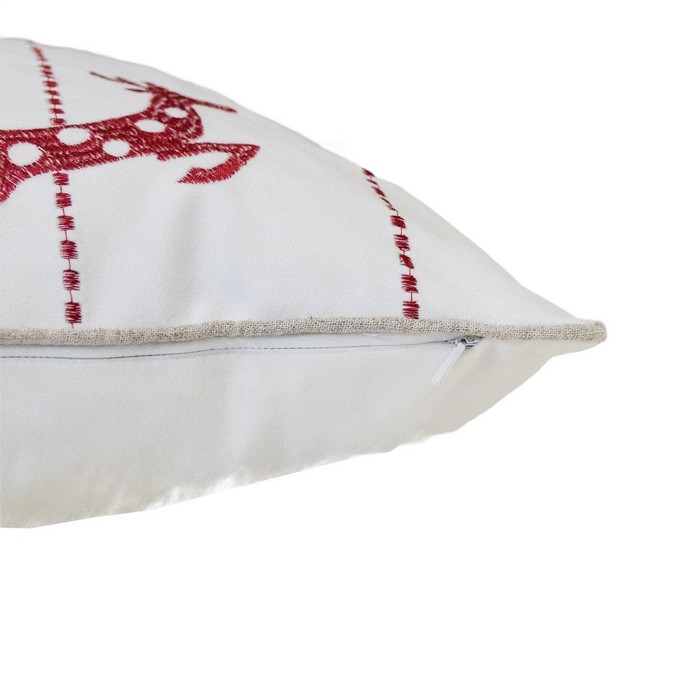 Benjara Throw Pillow Cover, Red Embroidered Reindeer And Snowflakes, 20 Inch Square