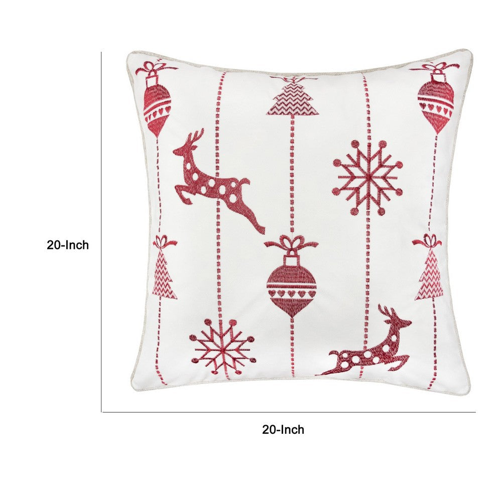 Benjara Throw Pillow Cover, Red Embroidered Reindeer And Snowflakes, 20 Inch Square