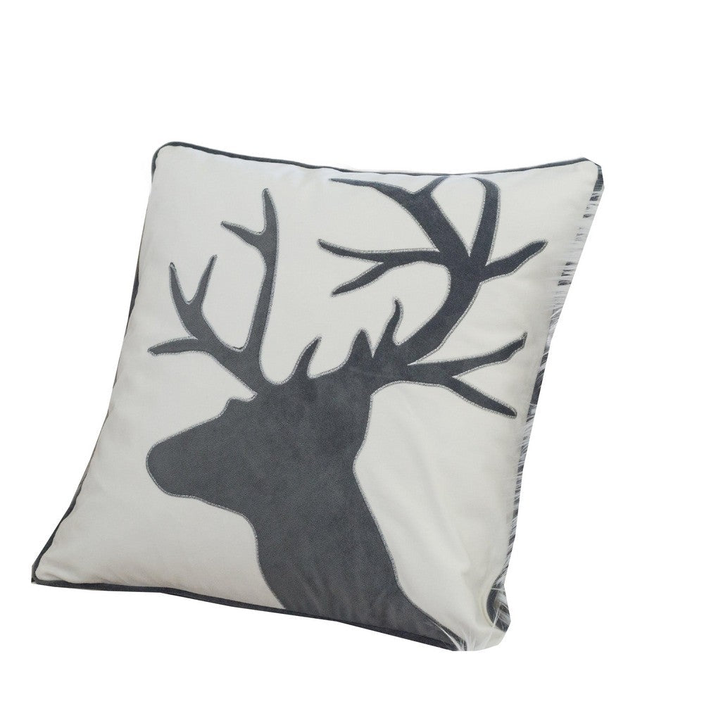 Benjara Holiday Accent Pillow Cover, White And Gray Reindeer Velvet, 20 Inch Square