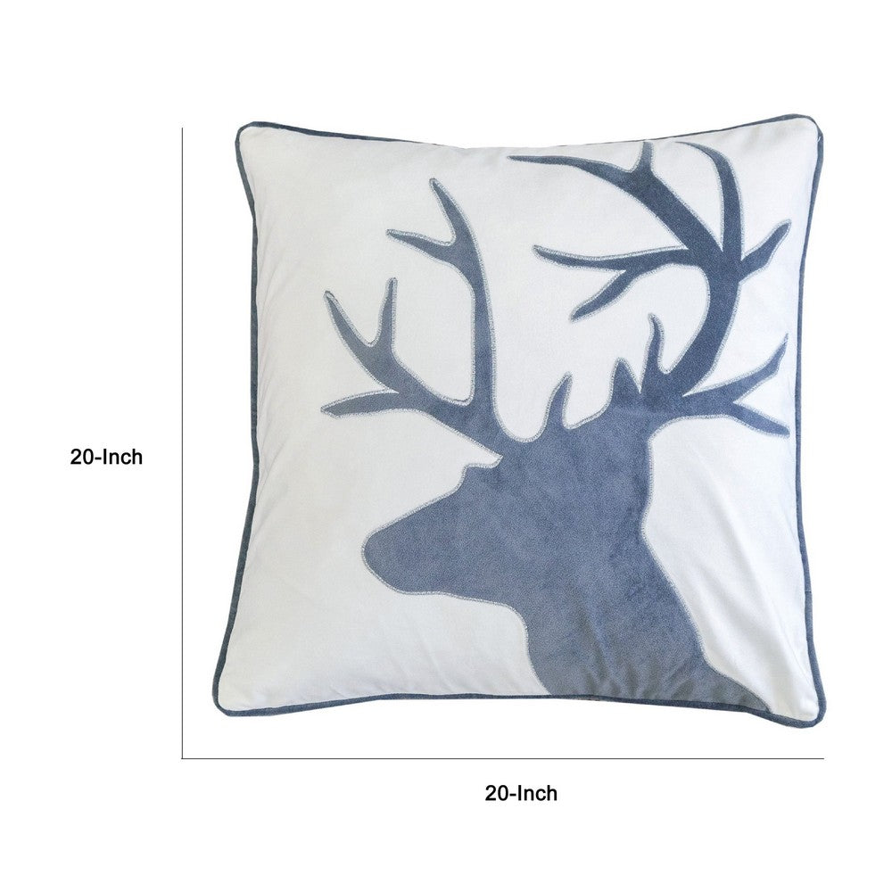 Benjara Holiday Accent Pillow Cover, White And Gray Reindeer Velvet, 20 Inch Square