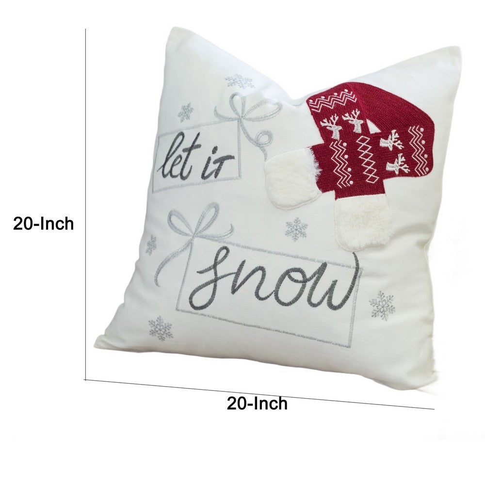 Benjara Throw Pillow Cover, Let It Snow Christmas Red Knit Hat, 20 Inch Square