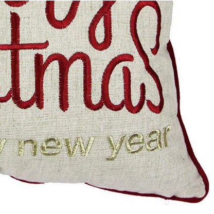Benjara Throw Pillow Cover, Merry Christmas, Red with Gold Accents, 20 Inch Square