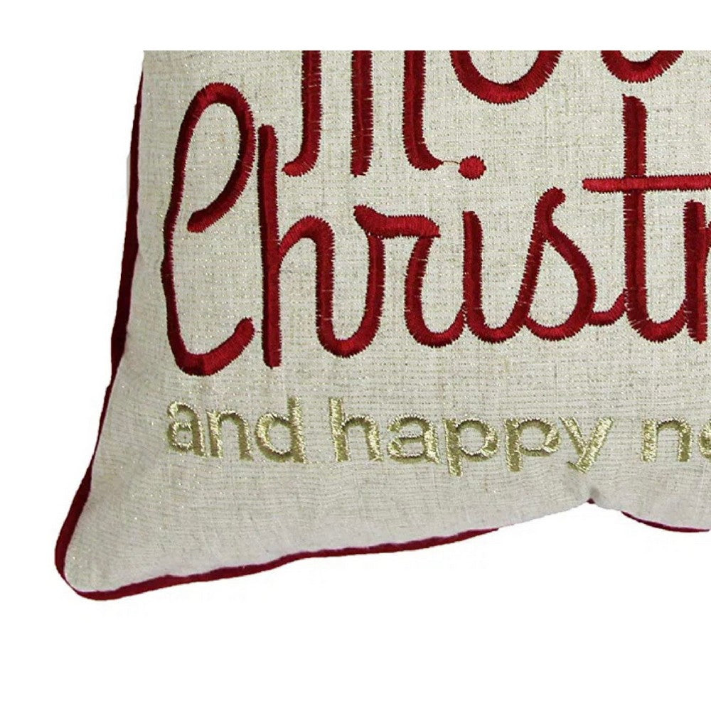 Benjara Throw Pillow Cover, Merry Christmas, Red with Gold Accents, 20 Inch Square