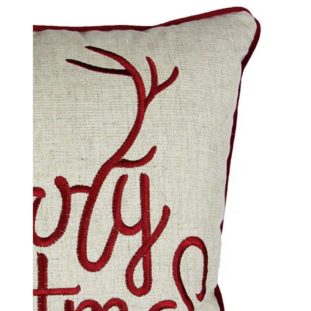 Benjara Throw Pillow Cover, Merry Christmas, Red with Gold Accents, 20 Inch Square