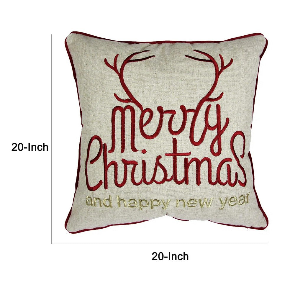 Benjara Throw Pillow Cover, Merry Christmas, Red with Gold Accents, 20 Inch Square