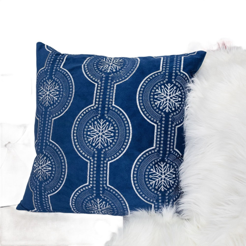 Benjara Zey Throw Pillow Cover, Snowflake Embroidered Blue Velvet, 20 Inch Square