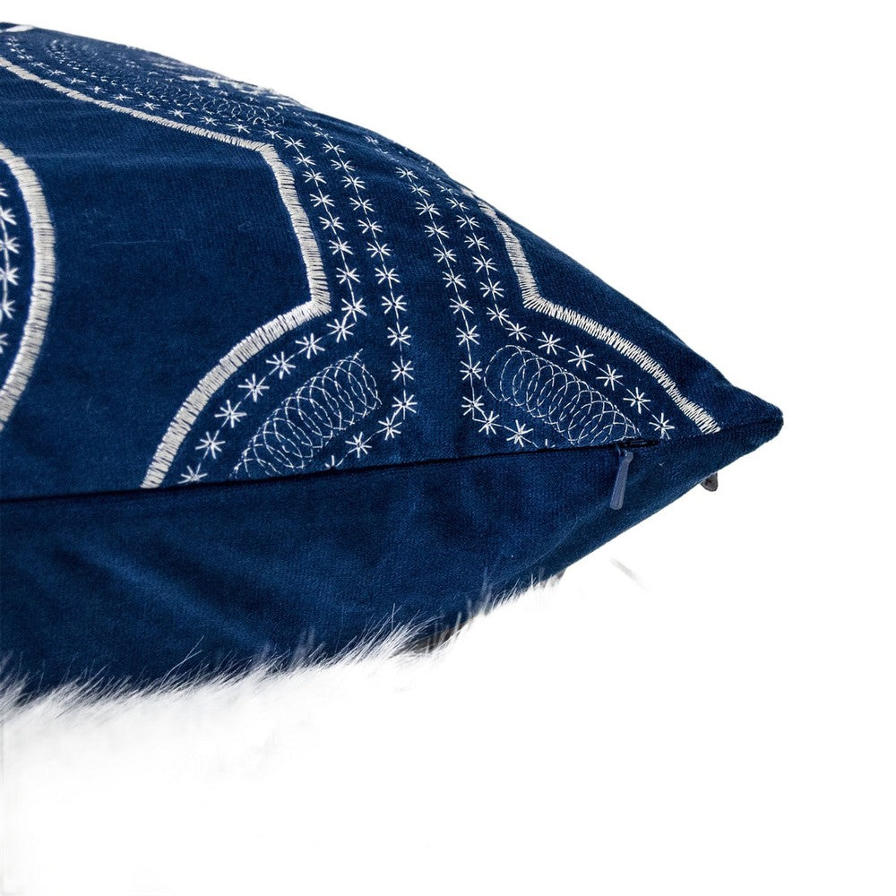 Benjara Zey Throw Pillow Cover, Snowflake Embroidered Blue Velvet, 20 Inch Square