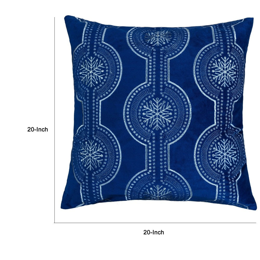 Benjara Zey Throw Pillow Cover, Snowflake Embroidered Blue Velvet, 20 Inch Square