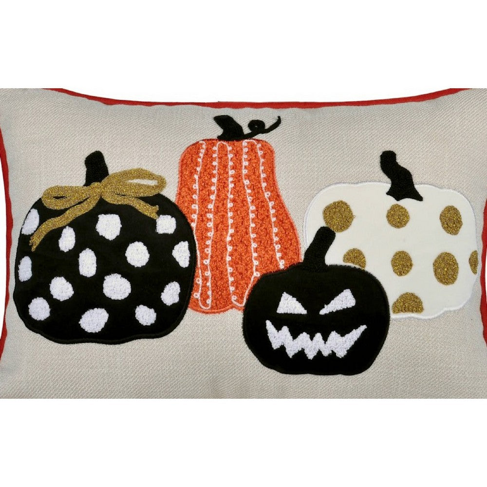 Benjara Lumbar Throw Pillow Cover, Hallow Pumpkin Embroidered, Black Linen 14x20