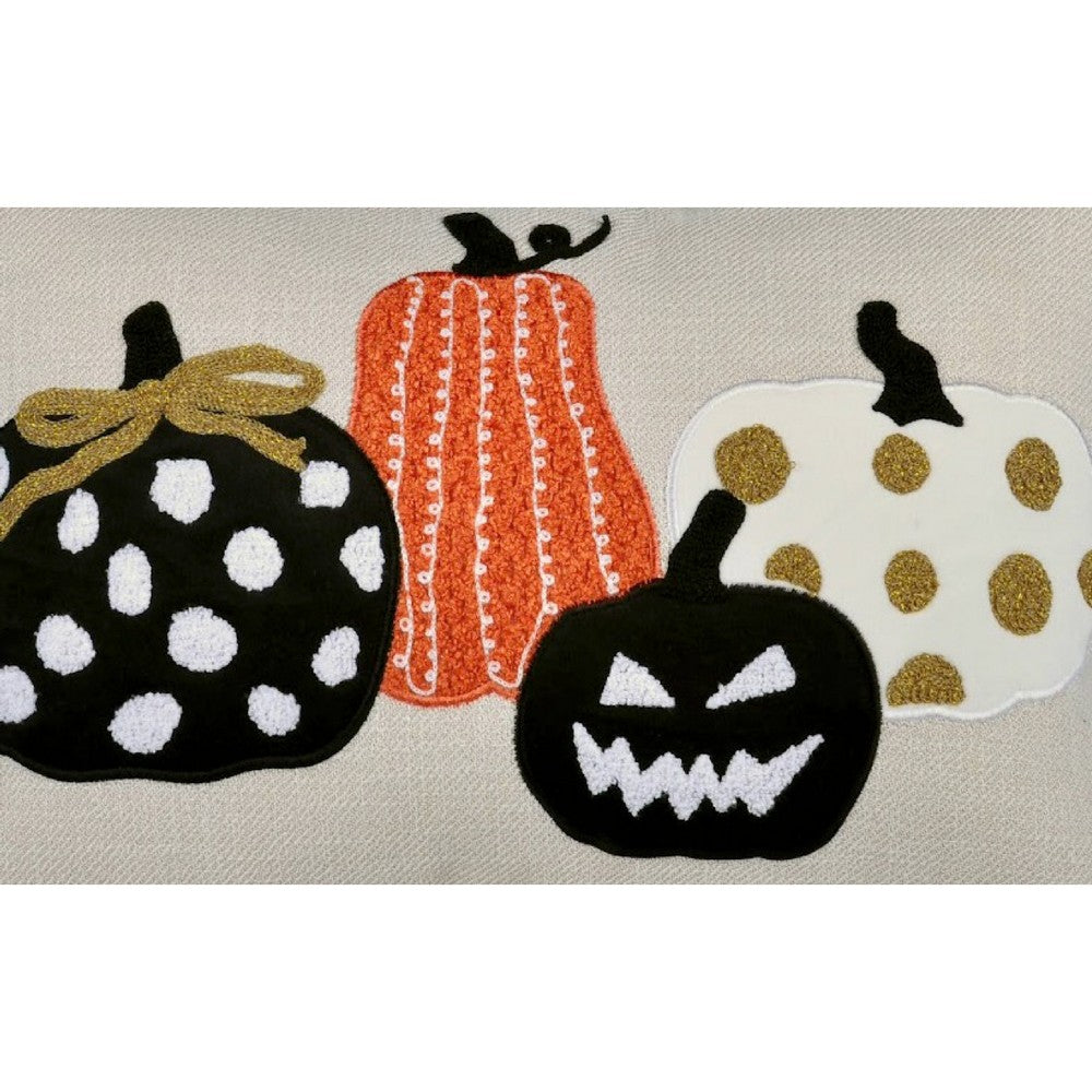 Benjara Lumbar Throw Pillow Cover, Hallow Pumpkin Embroidered, Black Linen 14x20