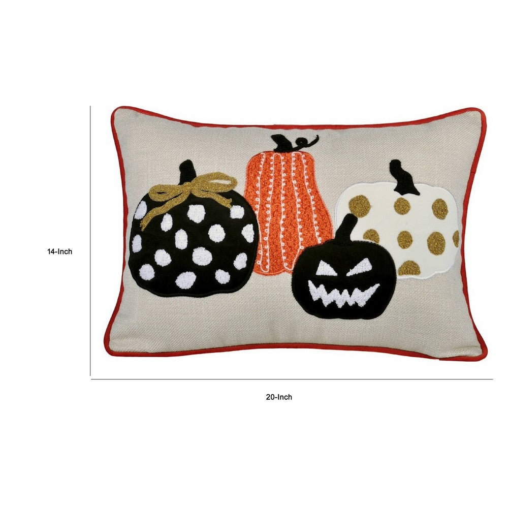 Benjara Lumbar Throw Pillow Cover, Hallow Pumpkin Embroidered, Black Linen 14x20