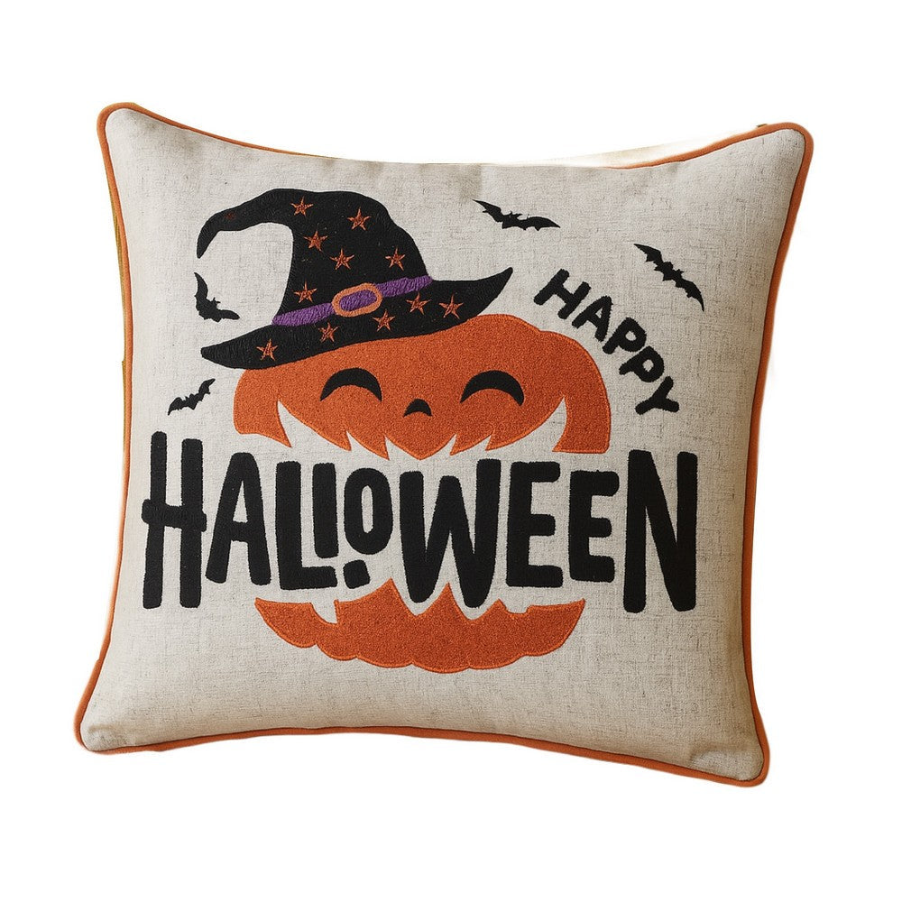 Benjara Halloween Pumpkin Witch Embroidered Throw Pillow Cover, Gray 20 Inch Square