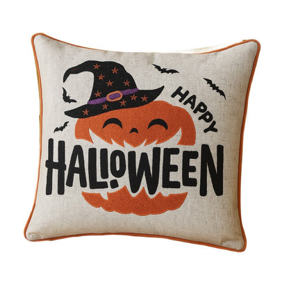 Benjara Halloween Pumpkin Witch Embroidered Throw Pillow Cover, Gray 20 Inch Square