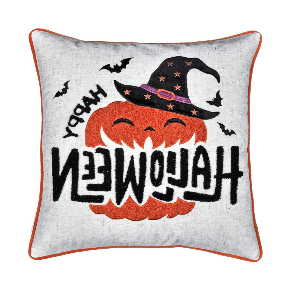 Benjara Halloween Pumpkin Witch Embroidered Throw Pillow Cover, Gray 20 Inch Square