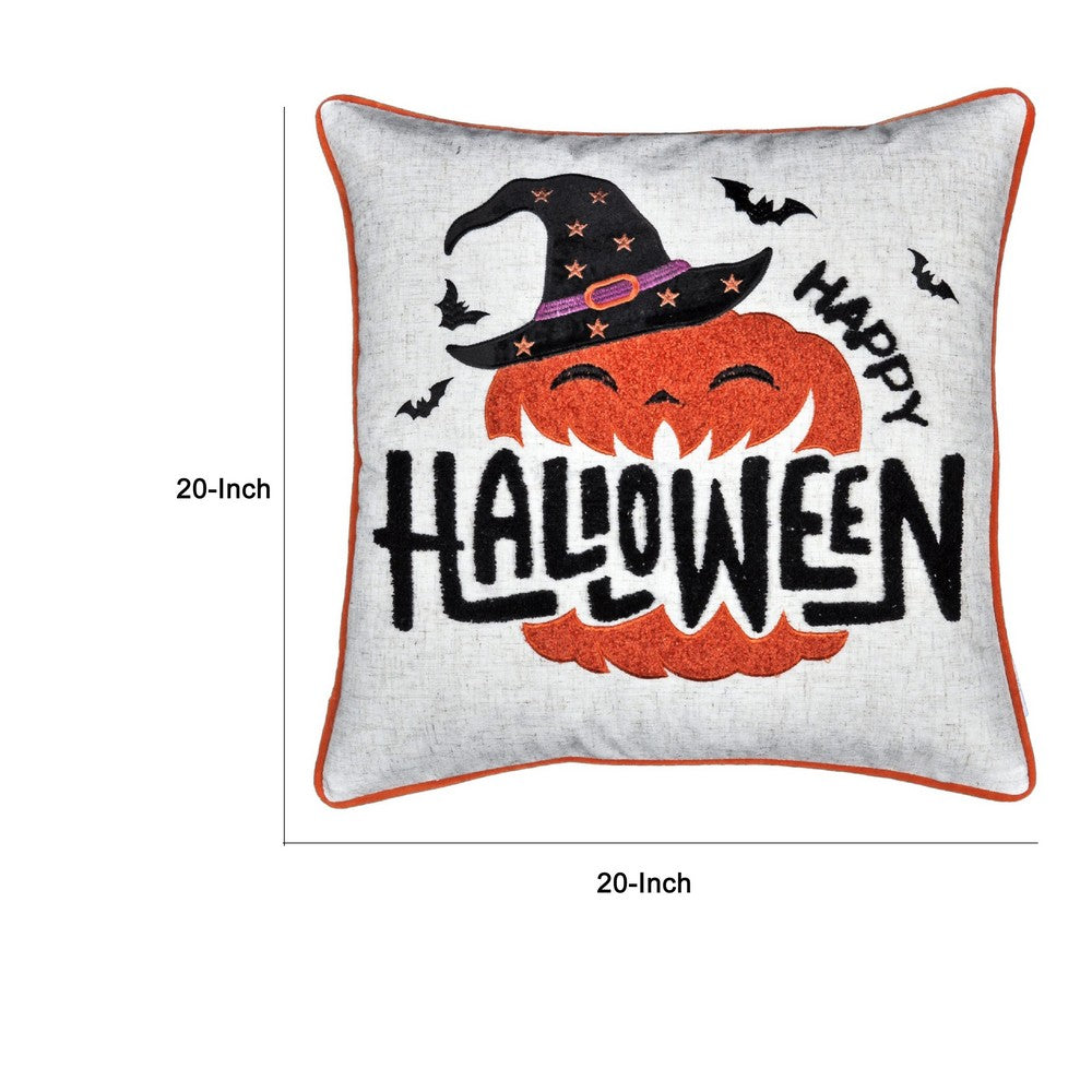 Benjara Halloween Pumpkin Witch Embroidered Throw Pillow Cover, Gray 20 Inch Square
