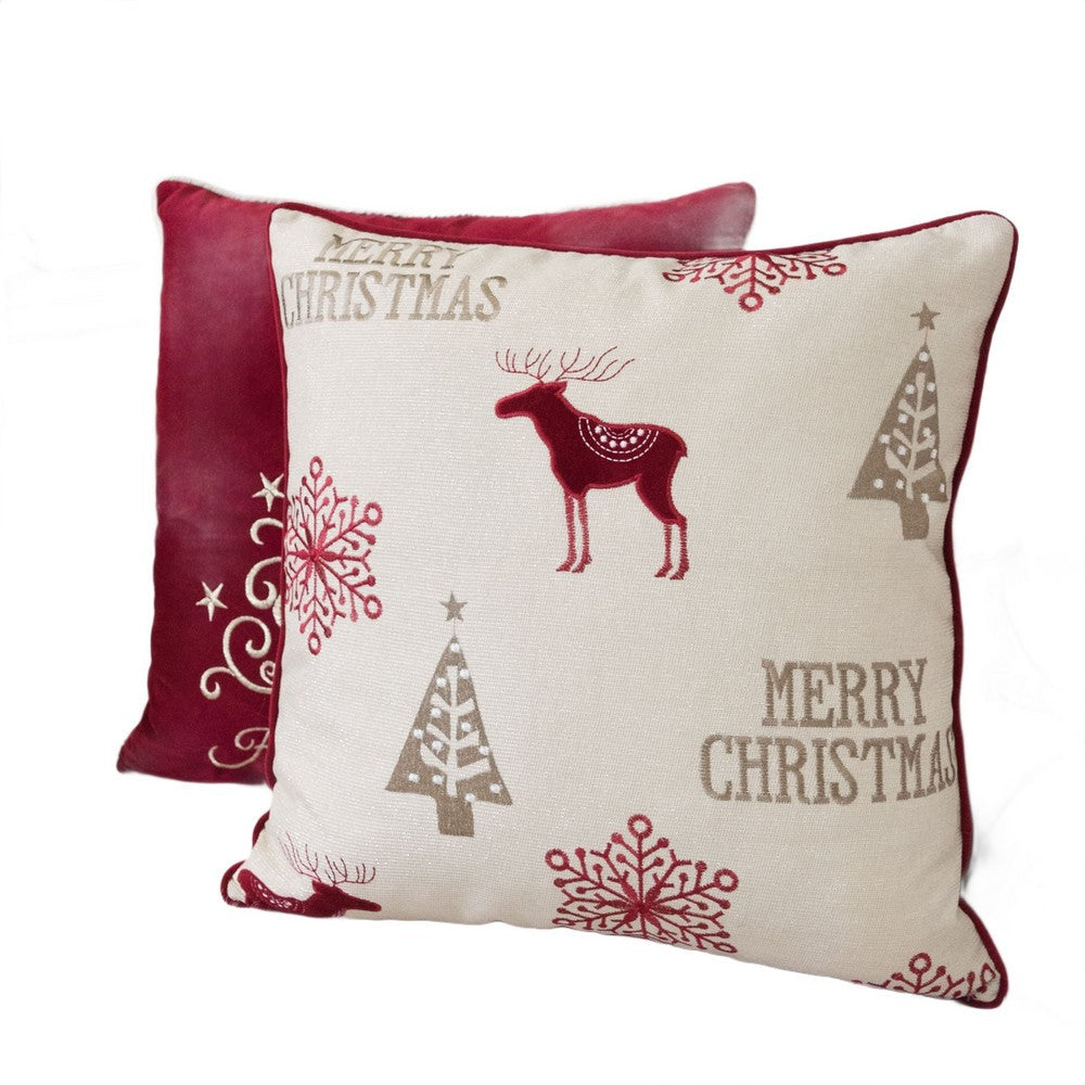 Benjara Merry Christmas Throw Pillow Cover Red Reindeer, Off White Linen 20in Square