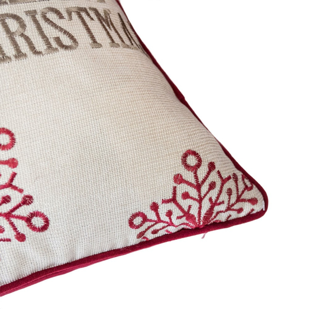 Benjara Merry Christmas Throw Pillow Cover Red Reindeer, Off White Linen 20in Square