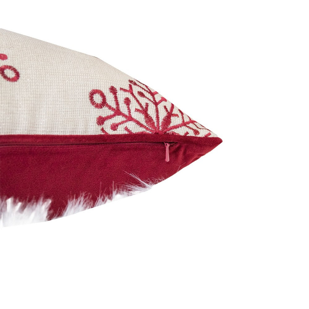 Benjara Merry Christmas Throw Pillow Cover Red Reindeer, Off White Linen 20in Square