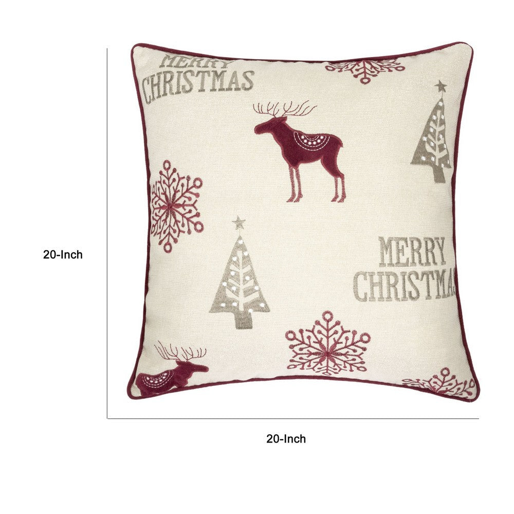 Benjara Merry Christmas Throw Pillow Cover Red Reindeer, Off White Linen 20in Square