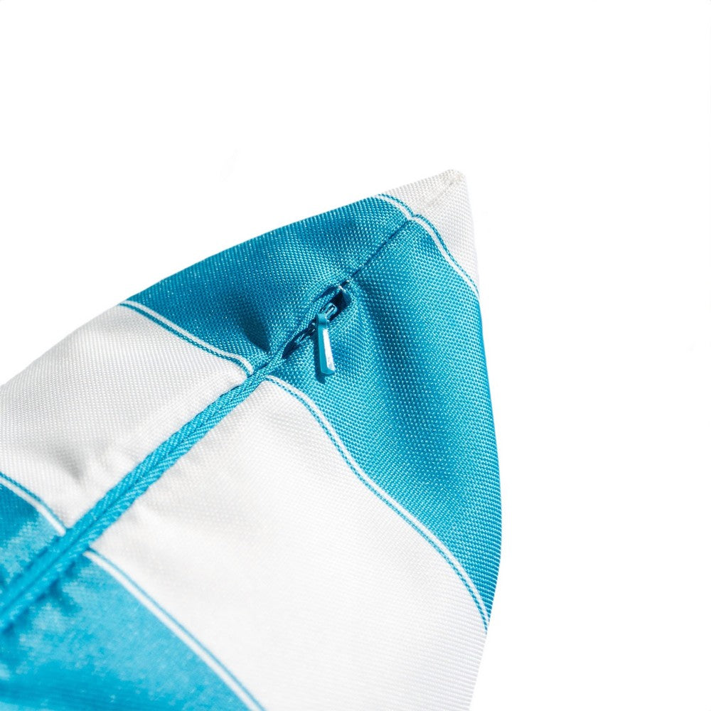 Benjara Keo Outdoor Throw Pillow, Aqua Blue, White Stripes, 20 Inch Square
