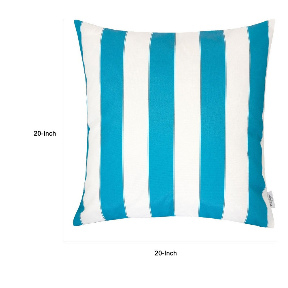 Benjara Keo Outdoor Throw Pillow, Aqua Blue, White Stripes, 20 Inch Square
