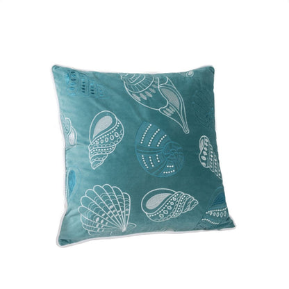 Benjara Meo Throw Pillow, Embroidered Seashell Pattern Blue Velvet, 20 Inch Square