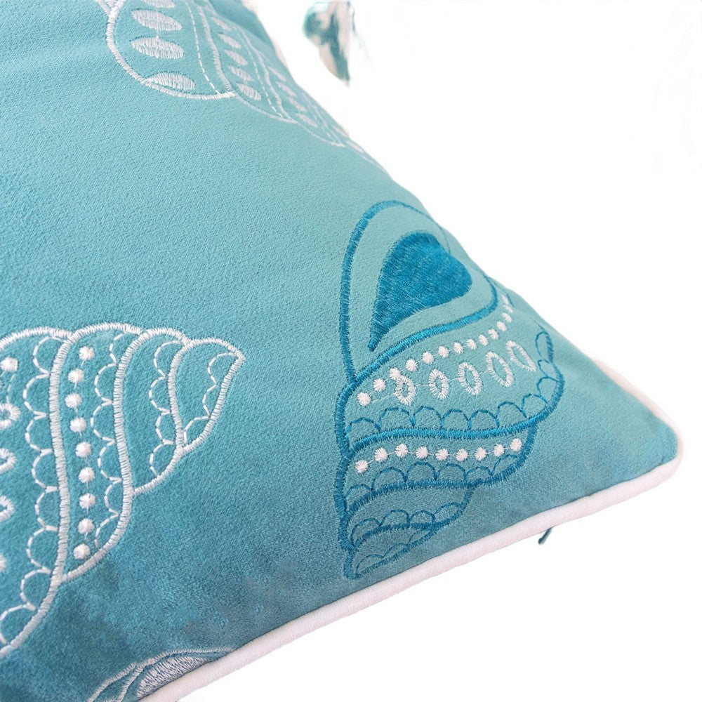 Benjara Meo Throw Pillow, Embroidered Seashell Pattern Blue Velvet, 20 Inch Square
