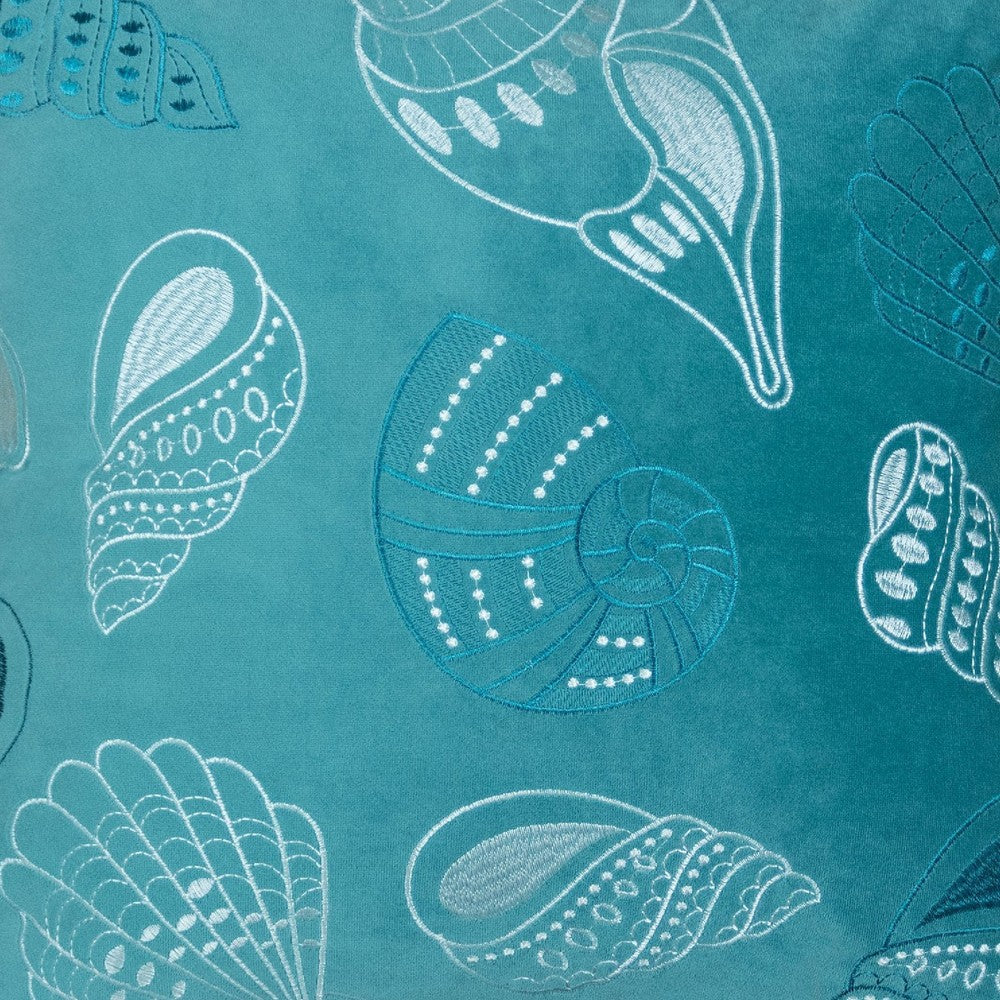 Benjara Meo Throw Pillow, Embroidered Seashell Pattern Blue Velvet, 20 Inch Square