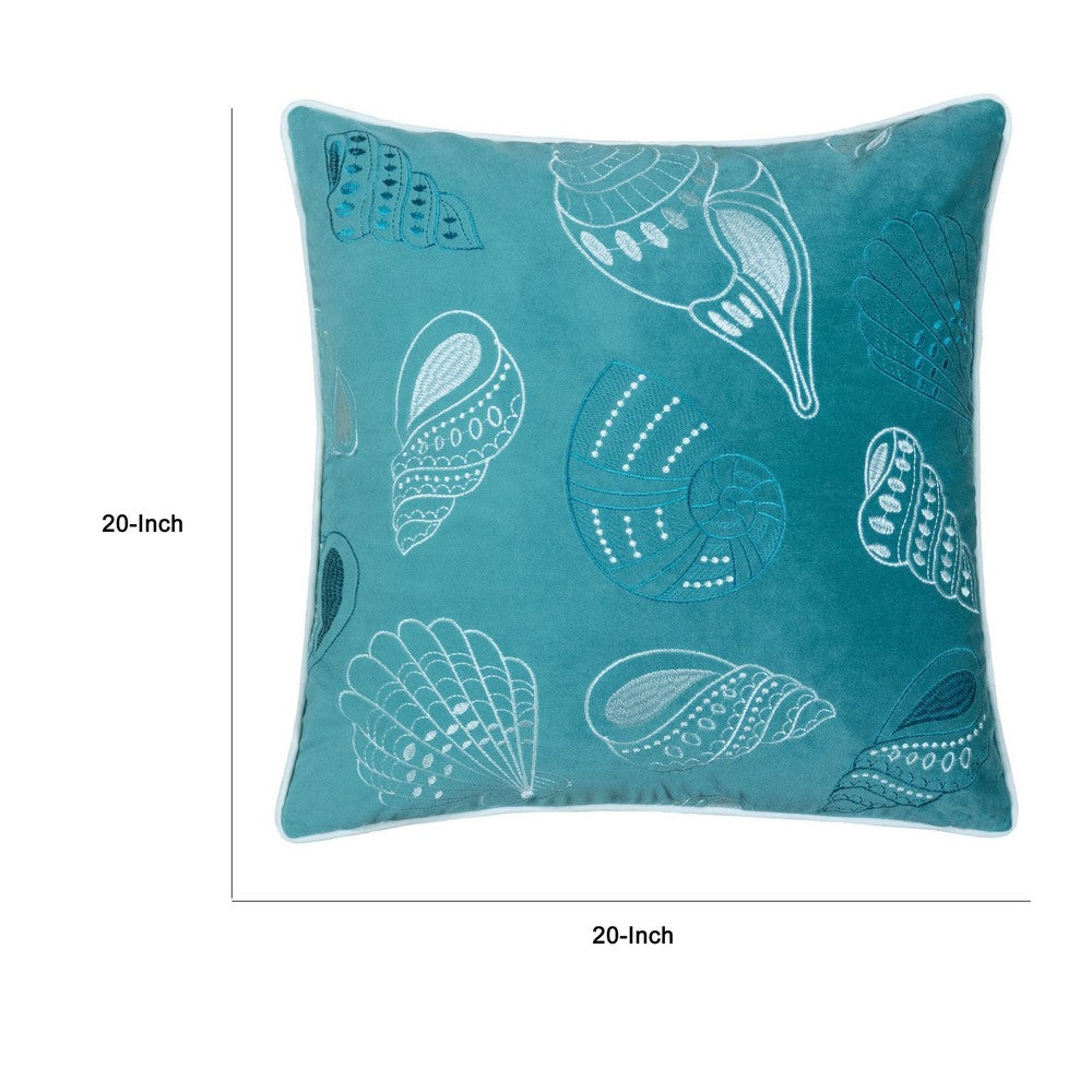 Benjara Meo Throw Pillow, Embroidered Seashell Pattern Blue Velvet, 20 Inch Square