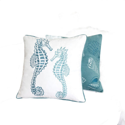 Benjara Meo Throw Pillow, Embroidered Seahorse, White Blue Velvet, 20 Inch Square