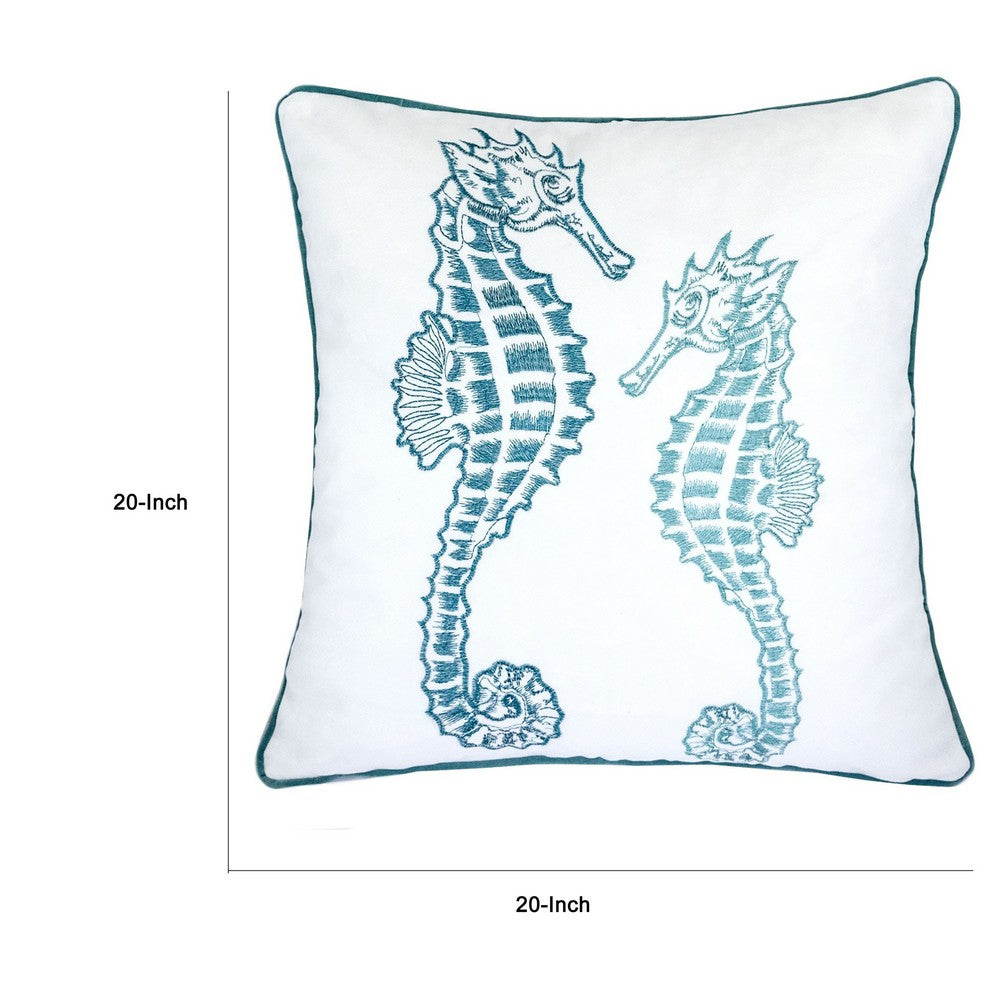 Benjara Meo Throw Pillow, Embroidered Seahorse, White Blue Velvet, 20 Inch Square