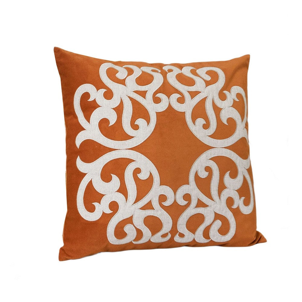 Benjara Dery Throw Pillow, Vintage Vine Accented Orange Velvet, 20 Inch Square
