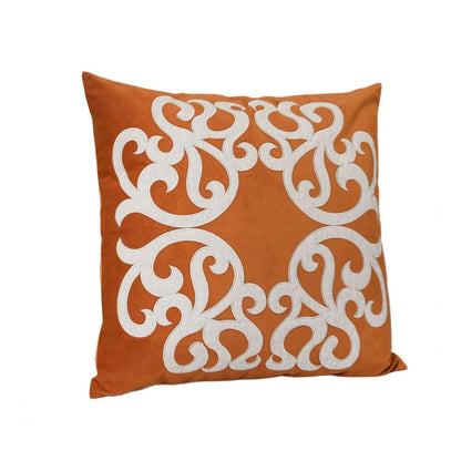 Benjara Dery Throw Pillow, Vintage Vine Accented Orange Velvet, 20 Inch Square