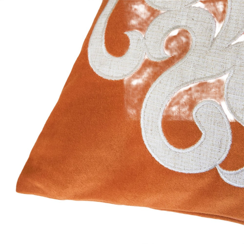 Benjara Dery Throw Pillow, Vintage Vine Accented Orange Velvet, 20 Inch Square