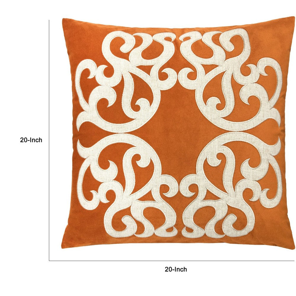 Benjara Dery Throw Pillow, Vintage Vine Accented Orange Velvet, 20 Inch Square