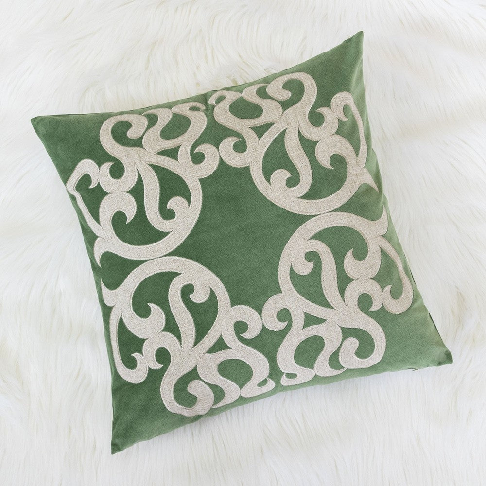 Benjara Dery Throw Pillow, Vintage Vine Accented Green Velvet, 20 Inch Square