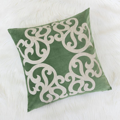 Benjara Dery Throw Pillow, Vintage Vine Accented Green Velvet, 20 Inch Square
